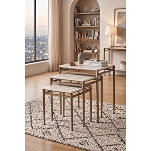 3’lü Zigon Sehpa Takımı Traverten Desenli Mdf Membran Tabla – Bronz Renk Metal Ayaklı