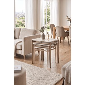 3’lü Zigon Sehpa Takımı Traverten Desenli Mdf Membran Tabla – Bronz Renk Metal Ayaklı