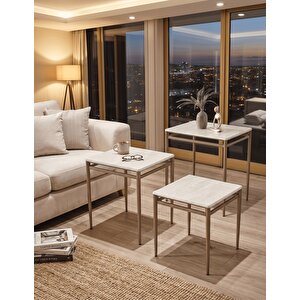 3’lü Zigon Sehpa Takımı Traverten Desenli Mdf Membran Tabla – Bronz Renk Metal Ayaklı
