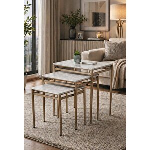 3’lü Zigon Sehpa Takımı Gri Mermer Desenli Mdf Membran Tabla – Bronz Metal Ayaklı