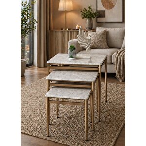 3’lü Zigon Sehpa Takımı Gri Mermer Desenli Mdf Membran Tabla – Bronz Metal Ayaklı