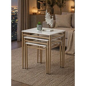 3’lü Zigon Sehpa Takımı Gri Mermer Desenli Mdf Membran Tabla – Bronz Metal Ayaklı