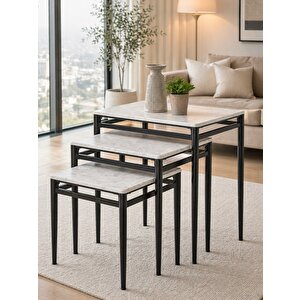 3’lü Zigon Sehpa Takımı Gri Mermer Desenli Mdf Membran Tabla – Siyah Metal Ayaklı