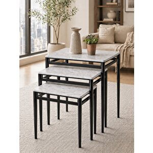 3’lü Zigon Sehpa Takımı Gri Mermer Desenli Mdf Membran Tabla – Siyah Metal Ayaklı