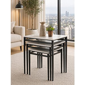 3’lü Zigon Sehpa Takımı Gri Mermer Desenli Mdf Membran Tabla – Siyah Metal Ayaklı