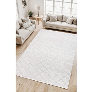Pamuk Tabanlı Modern Tasarımlı  Sisal Şimşek Çizgili Desenli Krem Renk Halı 80x100 cm