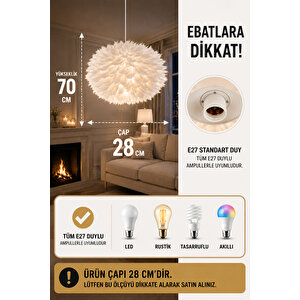 Flora Model Beyaz Tüylü Kumaş Modern Estetik Tekli Sarkıt Avize Beyaz