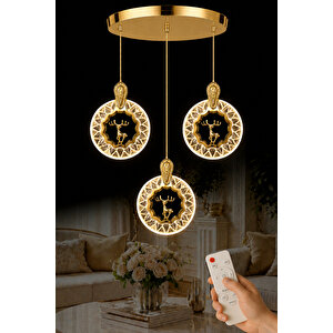 Ren Geyiği Model 3 Lü Gold Kaplama 3 Renk Kumandalı Salon Mutfak Oturma Yatak Odası Modern Led Avize Gold