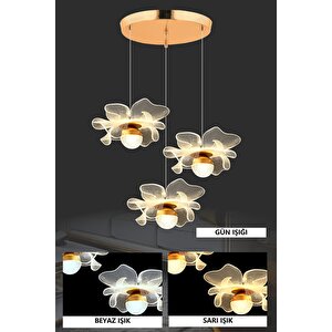 Magnolya Model 3 Lü Gold Kaplama 3 Renk Salon Mutfak Oturma Yatak Odası Modern Led Sarkıt Avize