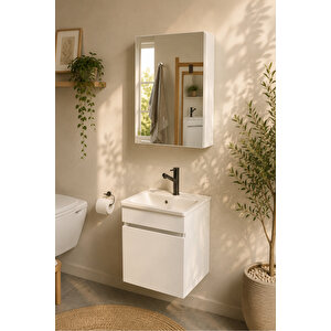 Şefaatli 45 Cm Mdf Seramik Lavabolu Aynalı Banyo Dolabı - Beyaz Beyaz