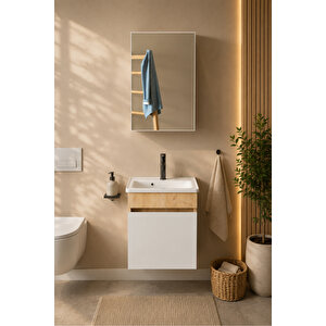 Şefaatli 45 Cm Mdf Seramik Meşe Lavabolu Aynalı Banyo Dolabı Meşe