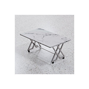 Reyyan Orta Sehpa Gümüş Metal Ayak Tekerlekli Beyaz Mermer 70x110