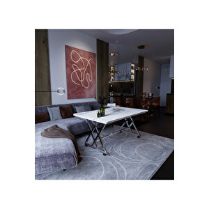 Reyyan Orta Sehpa Gümüş Metal Ayak Tekerlekli Beyaz Mermer 70x110