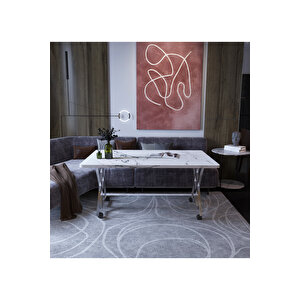 Reyyan Orta Sehpa Gümüş Metal Ayak Tekerlekli Beyaz Mermer 70x110