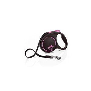 Black Design Şerit Otomatik Köpek Gezdirme Tasması Pembe Siyah Medium 5 Mt