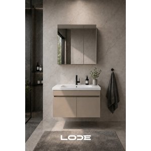 Kale Serisi Banyo Dolabı Seti Kumtaşı - Banyo Alt Dolap - Aynalı Üst Dolap - Cerastyle Frame Lavabolu, Lavabo-aynalı Üst Dolap Dahil 70 cm