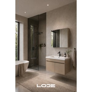 Kale Serisi Banyo Dolabı Seti Kumtaşı - Banyo Alt Dolap - Aynalı Üst Dolap - Cerastyle Frame Lavabolu, Lavabo-aynalı Üst Dolap Dahil 70 cm