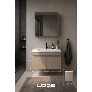 Kale Serisi Banyo Dolabı Seti Kumtaşı - Banyo Alt Dolap - Aynalı Üst Dolap - Cerastyle Frame Lavabolu, Lavabo-aynalı Üst Dolap Dahil 70 cm