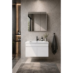 Kale Serisi Banyo Dolabı Seti Parlak Beyaz - Banyo Alt Dolap - Aynalı Üst Dolap - Cerastyle Elite Lavabolu, Lavabo-Aynalı Üst Dolap Dahil 70 cm
