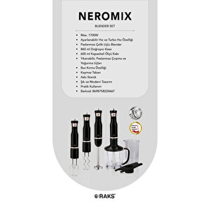 Neromix 1700 Watt Turbo El Blender Seti Paslanmaz Çelik Bıçaklı Kahvaltı Bıçağı Hediyeli
