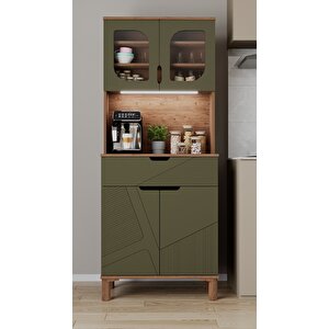 Ae-9001 Barista Atlantik Çam/haki Yeşil Çok Amaçlı Kahve Köşesi Mutfak Kiler Dolabı Cam Kapaklı Ledli Çekmeceli 79,6 X 40 X 195,8 Cm