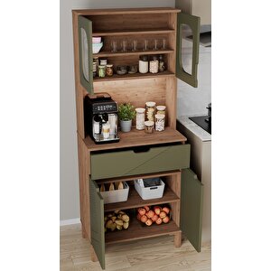 Ae-9001 Barista Atlantik Çam/haki Yeşil Çok Amaçlı Kahve Köşesi Mutfak Kiler Dolabı Cam Kapaklı Ledli Çekmeceli 79,6 X 40 X 195,8 Cm