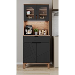 Ae-9001 Barista Atlantik Çam/antrasit Çok Amaçlı Kahve Köşesi Mutfak Kiler Dolabı Cam Kapaklı Ledli Çekmeceli 79,6 X 40 X 195,8 Cm