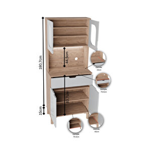 Ae-9001 Barista Atlantik Çam/antrasit Çok Amaçlı Kahve Köşesi Mutfak Kiler Dolabı Cam Kapaklı Ledli Çekmeceli 79,6 X 40 X 195,8 Cm