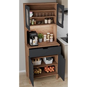 Ae-9001 Barista Atlantik Çam/antrasit Çok Amaçlı Kahve Köşesi Mutfak Kiler Dolabı Cam Kapaklı Ledli Çekmeceli 79,6 X 40 X 195,8 Cm