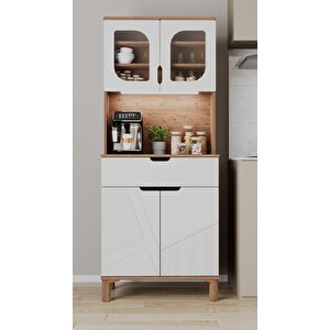 Ae-9001 Barista Atlantik Çam/beyaz Çok Amaçlı Kahve Köşesi Mutfak Kiler Dolabı Cam Kapaklı Ledli Çekmeceli 79,6 X 40 X 195,8 Cm