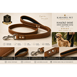 Premium Hakiki Deri Köpek Gezdirme Kayışı Kamel 100 Cm Yumuşak Dolgulu Tutma Saplı