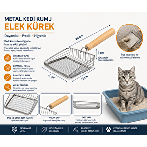 Metal Kedi Kumu Elek Kürek Ahşap Saplı Paslanmaz Kum Küreği 26 Cm