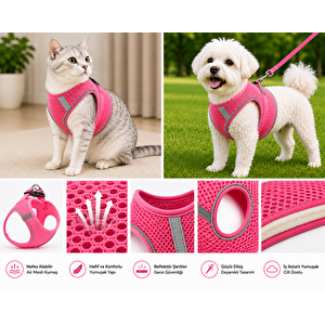 Nefes Alan Kumaş Air Mesh Kedi Köpek Göğüs Tasması Medium 44x48 Cm Neon Pembe