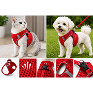 Nefes Alan Kumaş Air Mesh Kedi Köpek Göğüs Tasması Small 36x44 Cm Kırmızı