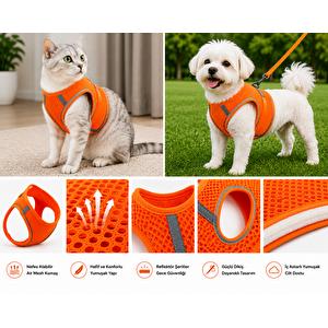 Nefes Alan Kumaş Air Mesh Kedi Köpek Göğüs Tasması Medium 44x48 Cm Turuncu