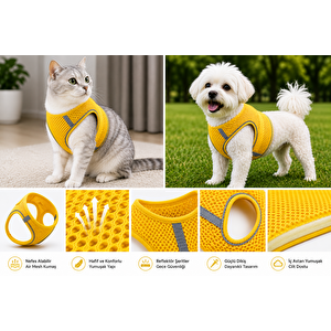 Nefes Alan Kumaş Air Mesh Kedi Köpek Göğüs Tasması Medium 44x48 Cm Neon Sarı