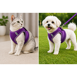 Nefes Alan Kumaş Air Mesh Kedi Köpek Göğüs Tasması Xx Small 28x32 Cm Mor