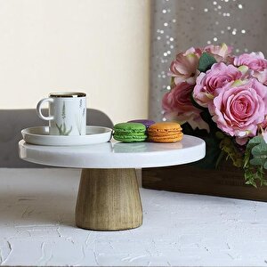 Akayev Mermer 25 Cm Konik Ahşap Ayaklı Beyaz Kalın Yuvarlak Sunum Tabağı