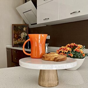 Akayev Mermer 25 Cm Konik Ahşap Ayaklı Beyaz Kalın Yuvarlak Sunum Tabağı