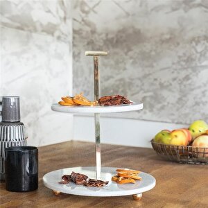 Akayev Mermer 25 Cm Beyaz Altın Boncuk Ayaklı İki Katlı Sunum Tabağı