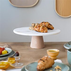 Akayev Mermer 28 Cm Konik Ahşap Ayaklı Beyaz Yuvarlak Sunum Tabağı