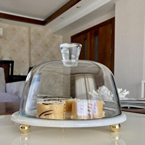 Akayev Mermer 25 Cm Altın Boncuk Ayaklı Beyaz Cam Fanus