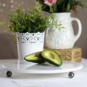 Akayev Mermer Beyaz 30 Cm Füme Boncuk Ayaklı Yuvarlak Sunumluk