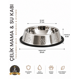 Köpekler İçin Pati Desenli Çelik Mama Su Kabı 30 Cm - 64 Oz - 2 Lt