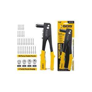 Sgs 1043 Profesyonel Perçin Tabancası Seti 9.5" 4 Farklı Başlık Ve 30 Yedek Perçin