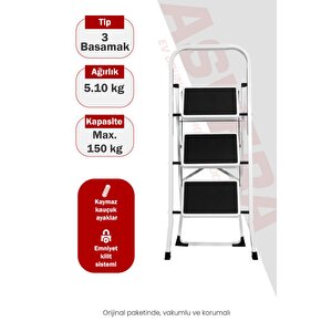Space 3 Basamaklı Ev Tipi Metal Merdiven - Katlanır Geniş Kaymaz Mutfak Ve Ev Merdiveni Slim