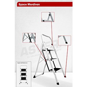 Space 3 Basamaklı Ev Tipi Metal Merdiven - Katlanır Geniş Kaymaz Mutfak Ve Ev Merdiveni Slim