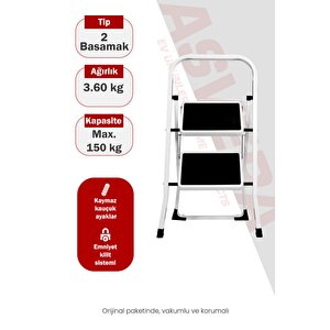 Space 2 Basamaklı Ev Tipi Metal Merdiven - Katlanır Geniş Kaymaz Mutfak Ve Ev Merdiveni Slim
