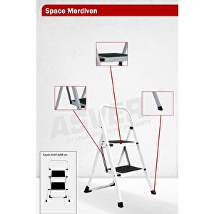 Space 2 Basamaklı Ev Tipi Metal Merdiven - Katlanır Geniş Kaymaz Mutfak Ve Ev Merdiveni Slim