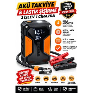 Fürtger 4'ü 1 Arada Dijital Göstergeli | Powerbank | Led Fener | Hava Kompresörü| Şarjlı Akü Takviye Cihazı